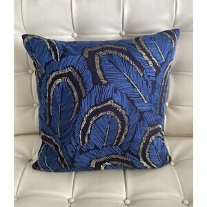 Kaufman Plumes Navy Blue Gold Feather Pillow "One Pillow Two Looks" 18” squ.